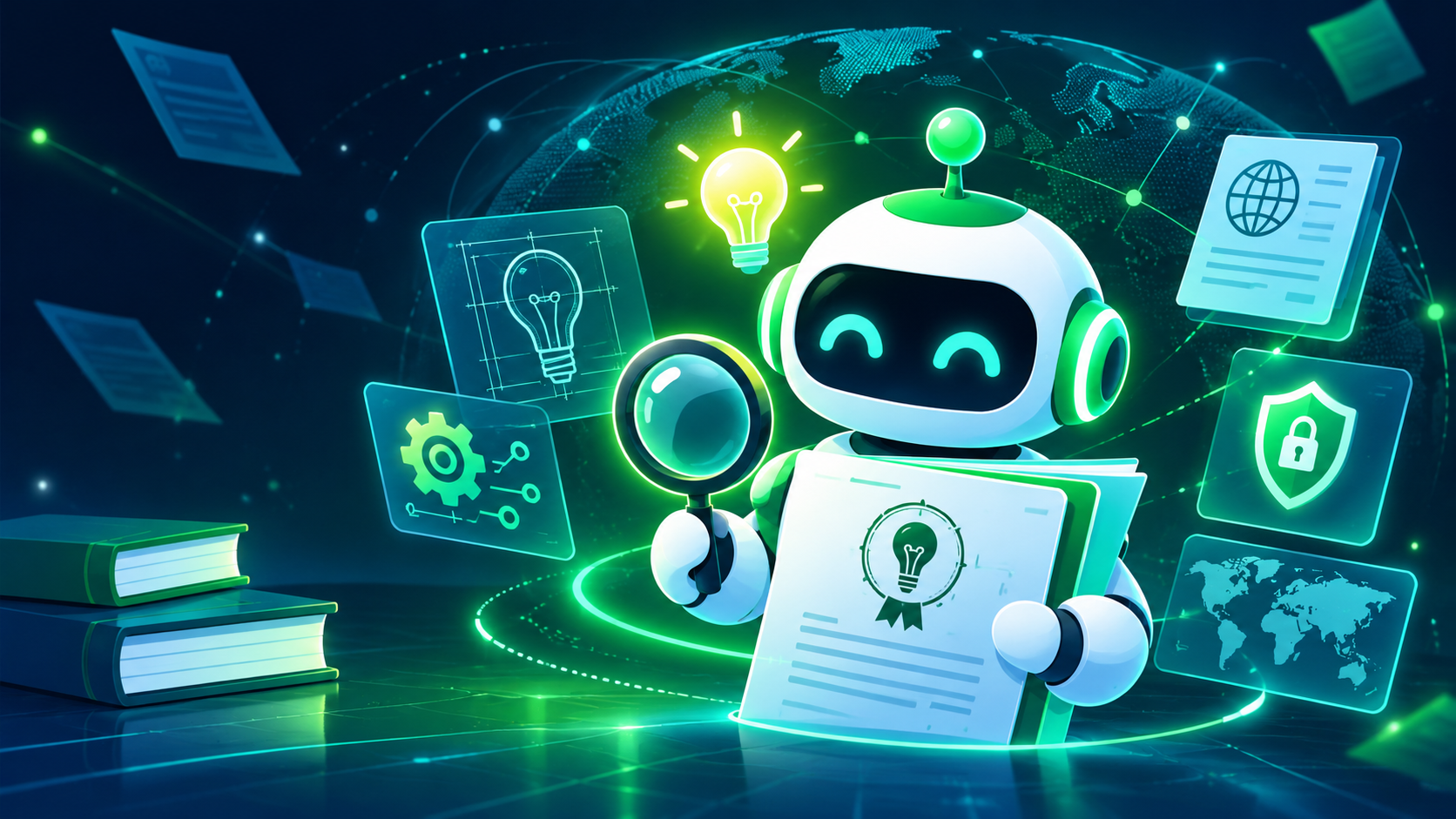 ResearchVault patent-agent robot reviewing an invention and PCT filing
